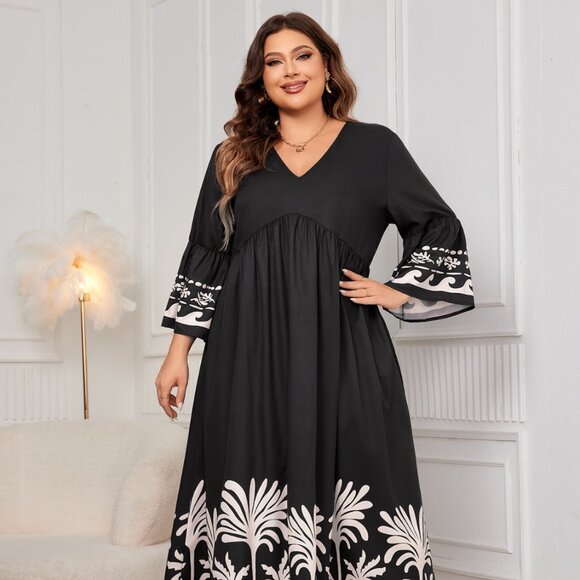 Plus Size Printed V-Neck Long Sleeve Maxi Dress - Picture 1 of 9